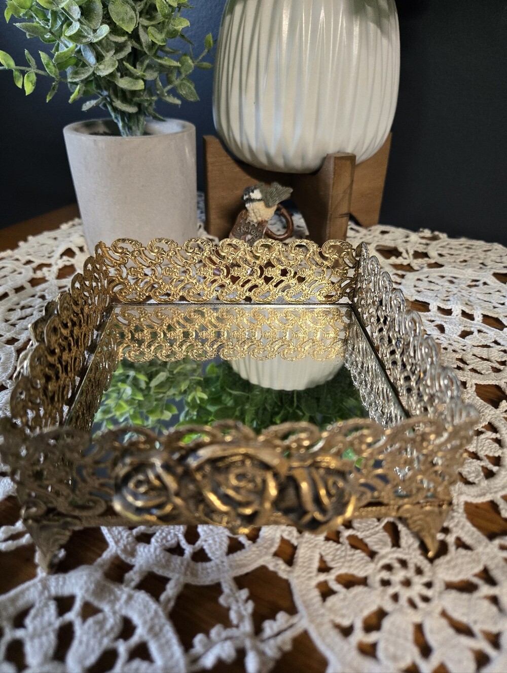 Gold-Tone Filigree Mirrored Vanity Tray with Roses